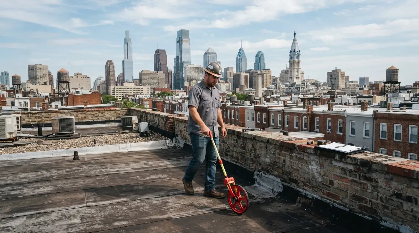 Estimator measuring a Philadelphia rowhome roof