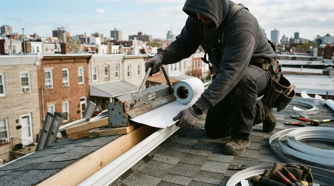Aluminum coil being bent to wrap a new fascia board