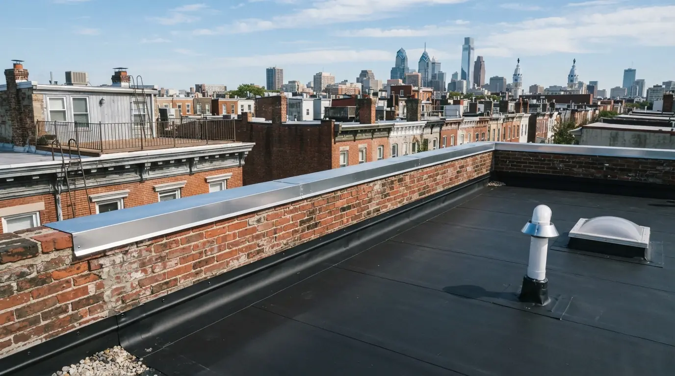 New EPDM rubber roof with parapet flashing on a Philadelphia rowhome