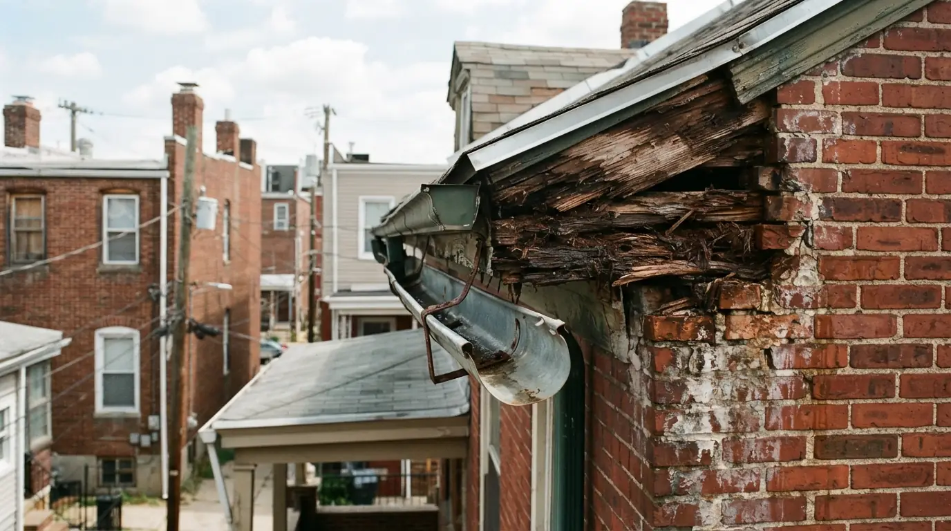 Rotted fascia board exposed behind a removed gutter