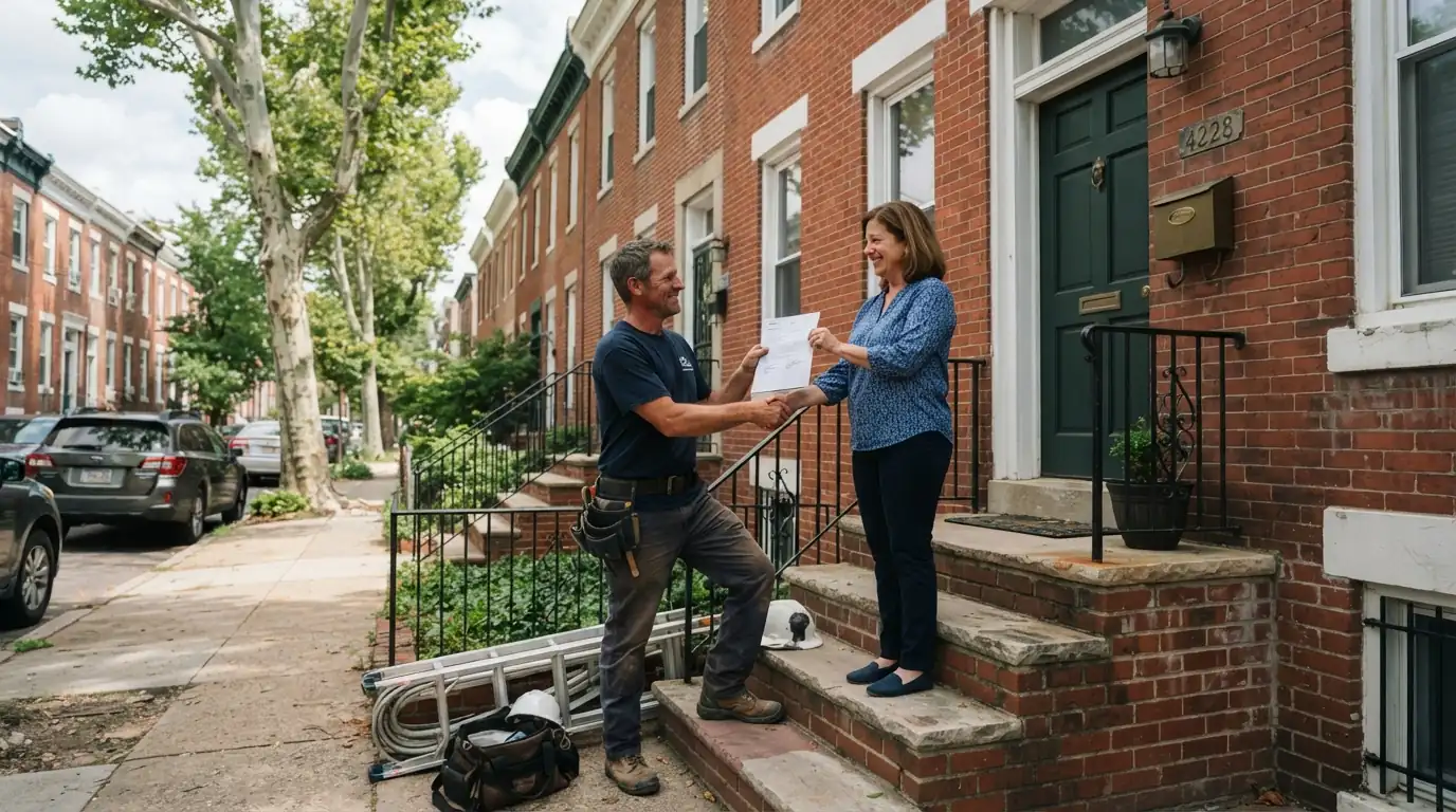 Roofer handing a certification letter to a homeowner