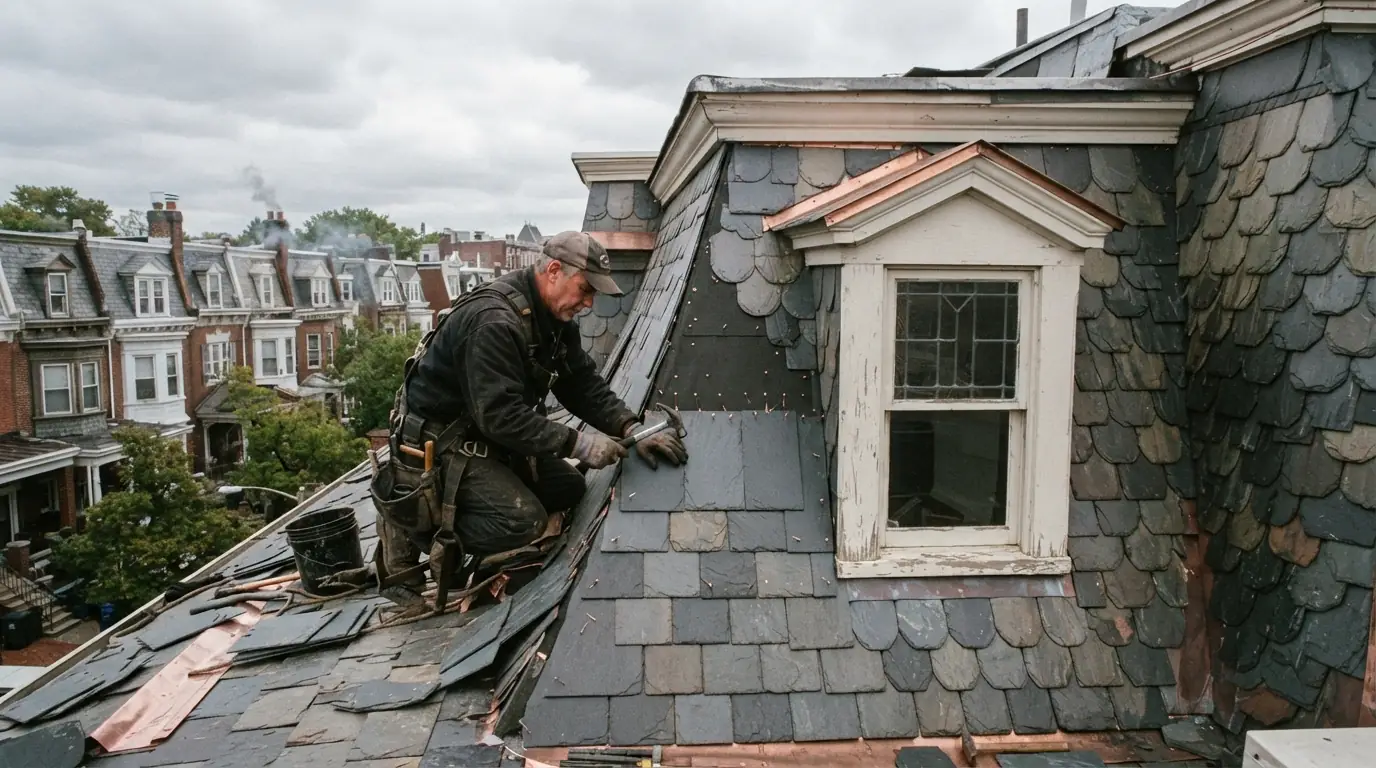 Roofer replacing slates beside a mansard dormer