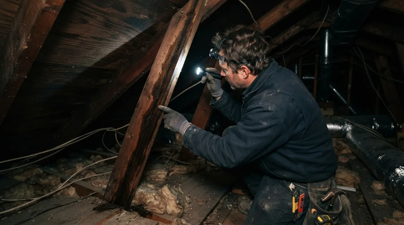 Roofer tracing a leak path along attic rafters in a Philadelphia rowhome