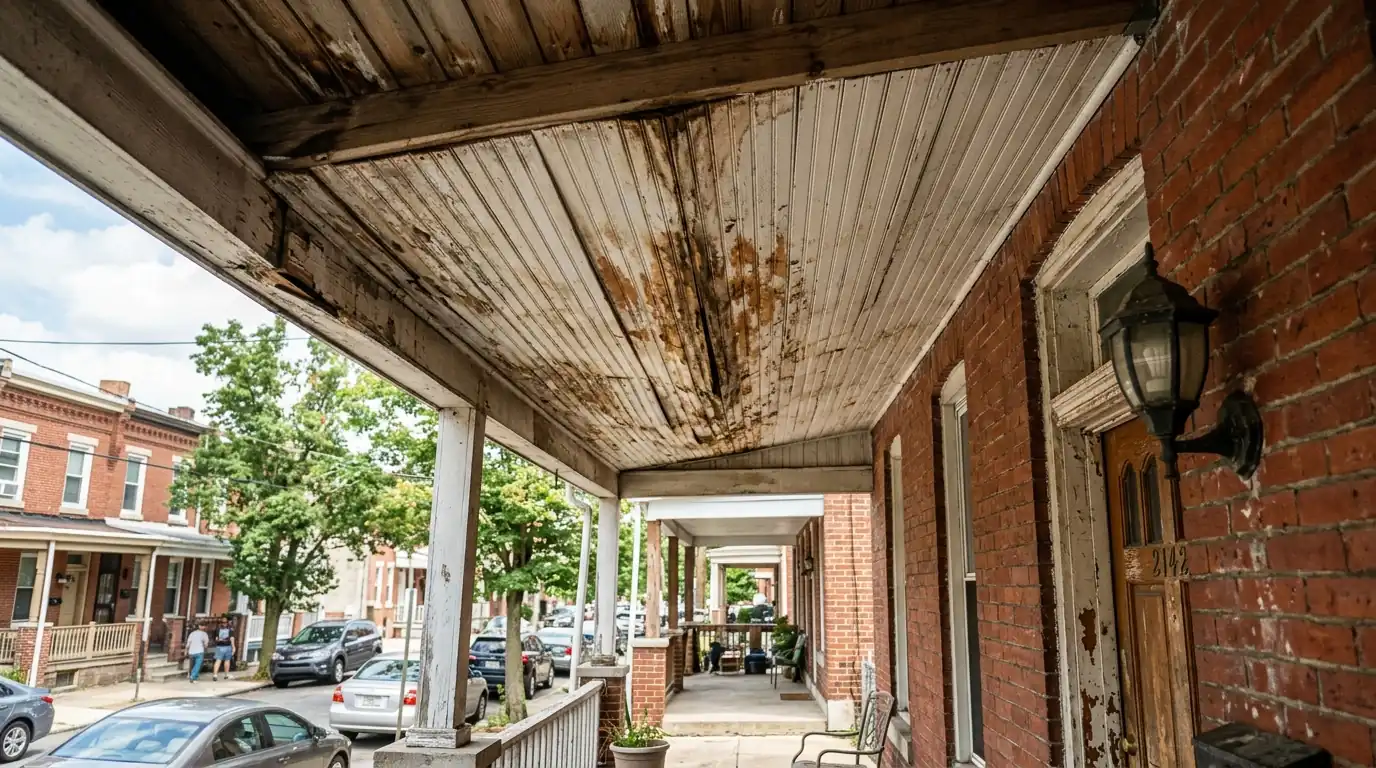 Stained beadboard ceiling under a rowhouse porch roof