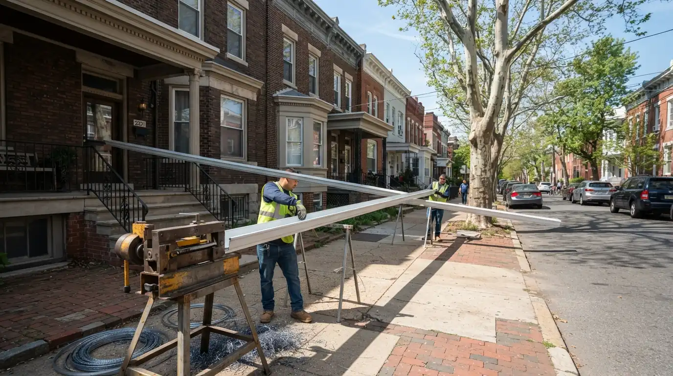 Gutter machine forming a long aluminum gutter run on site