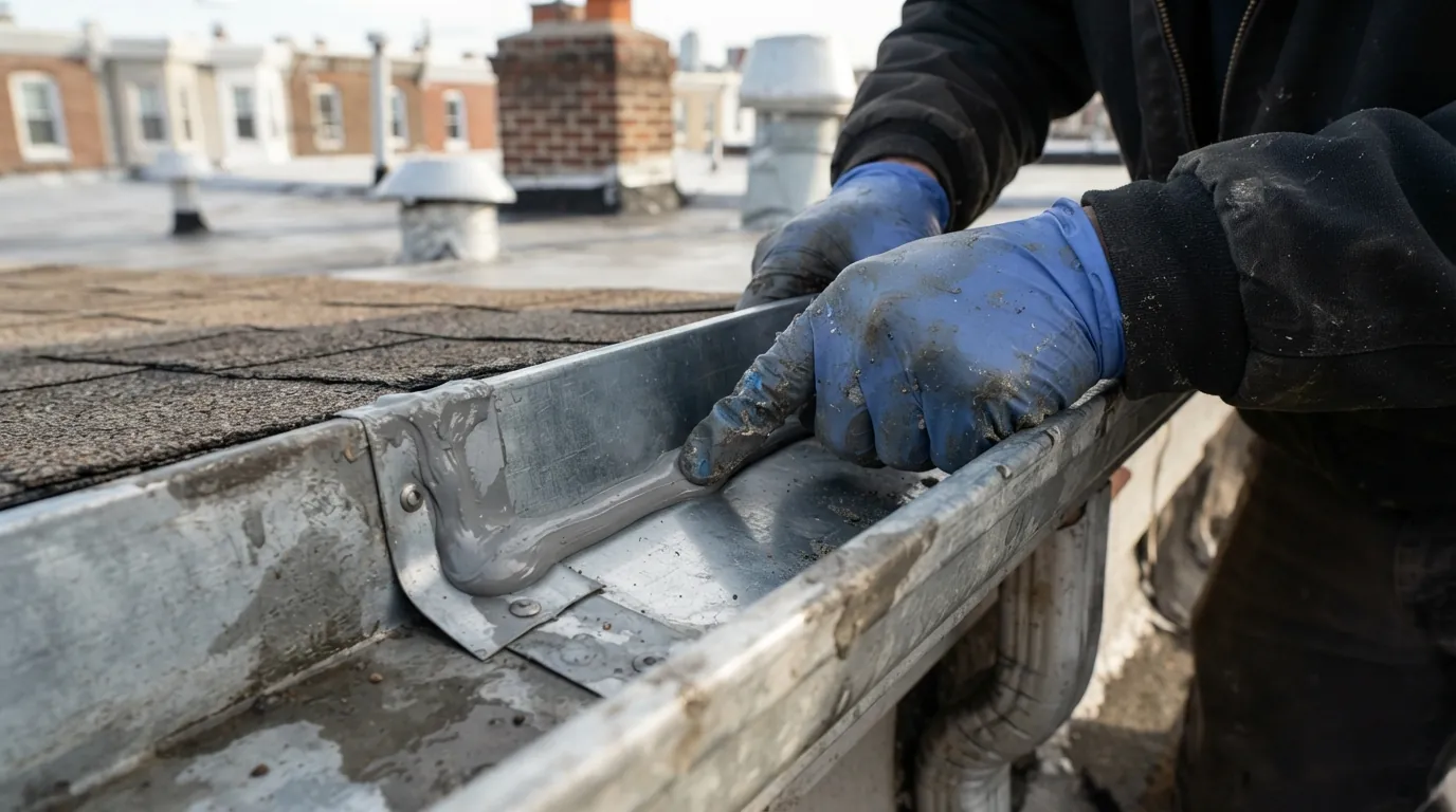 Gutter seam being cleaned and resealed