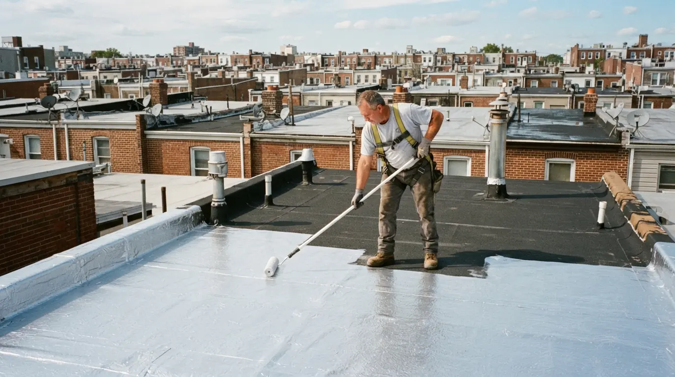 Roller spreading silver aluminum coating over a rowhome roof