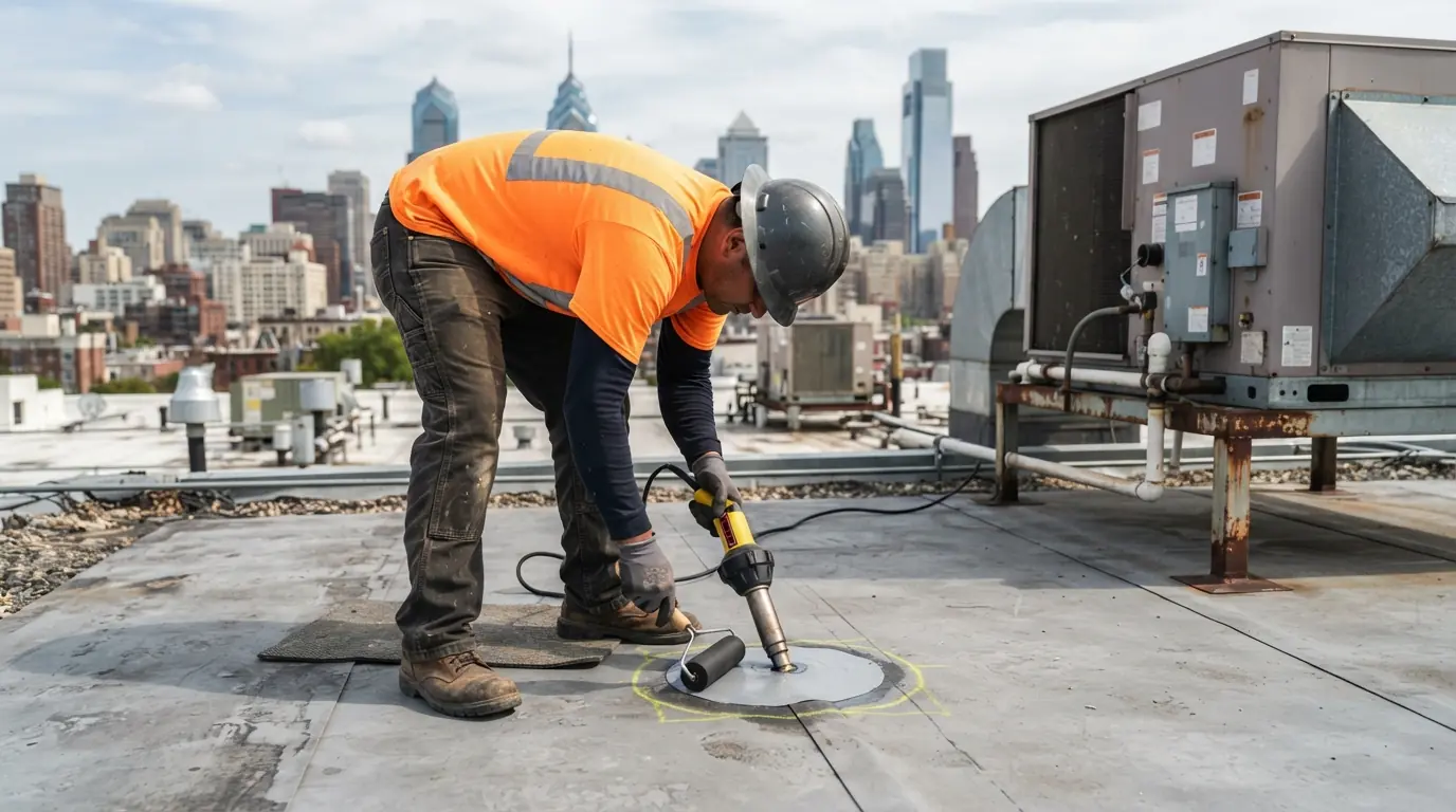 Roofer welding a patch over a puncture on a commercial TPO roof