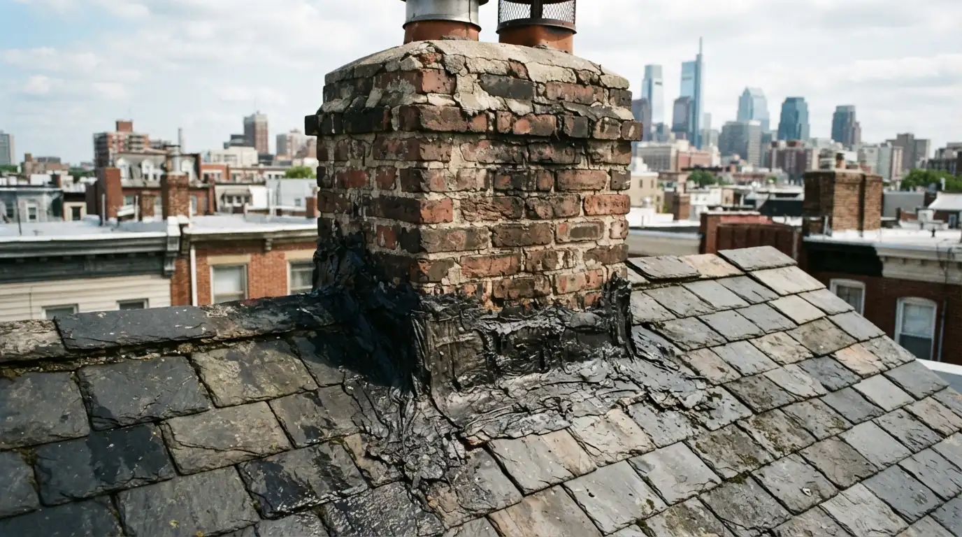 Cracked roofing tar smeared around the base of a chimney