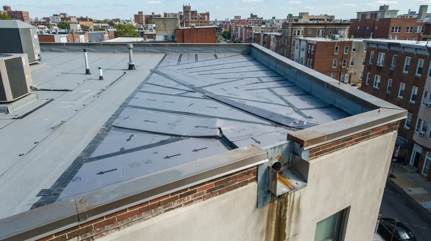 Tapered insulation boards sloping toward a scupper on a flat roof