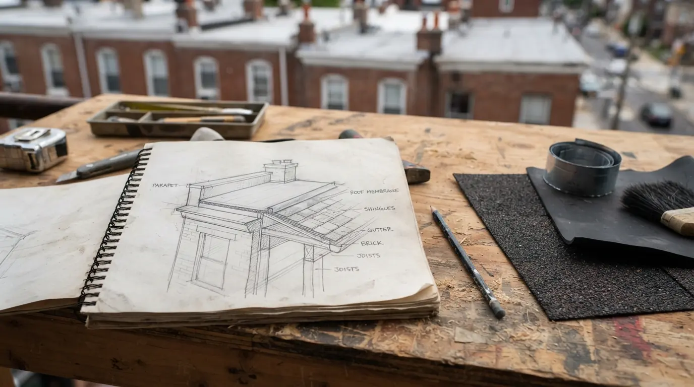 Notebook sketch of a rowhome roof beside roofing samples