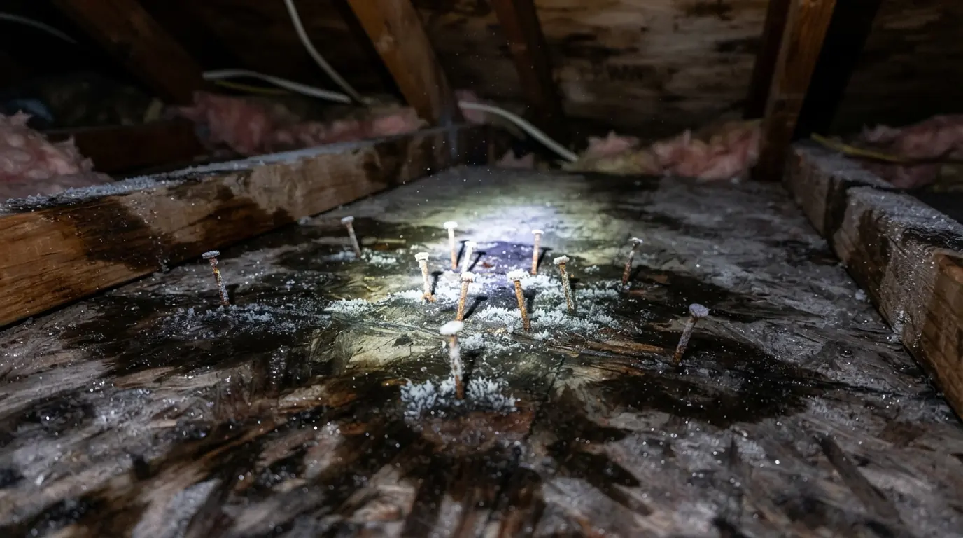Frost and moisture stains on attic decking nails