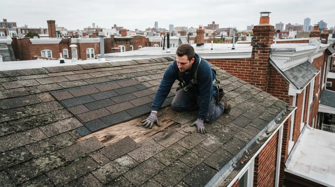 Roofer checking soft decking beside an old patch
