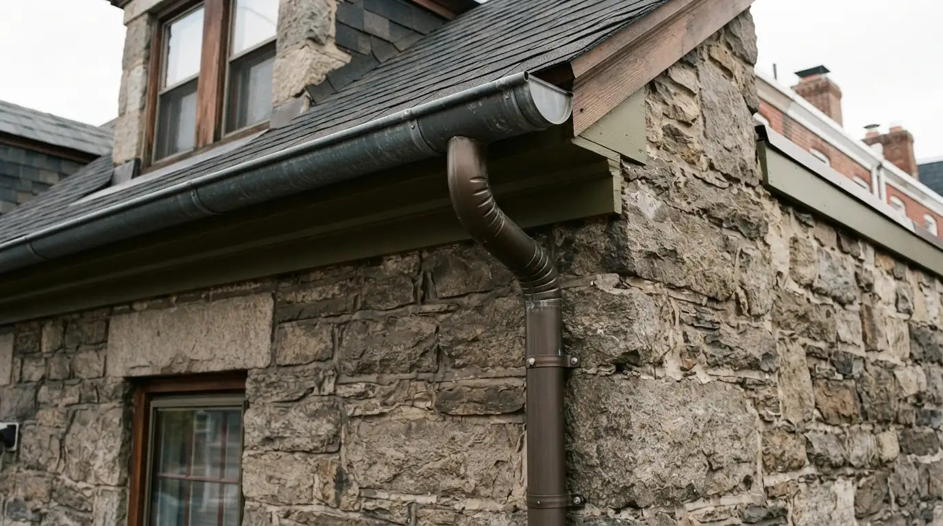 Half-round gutter and round downspout on a stone house