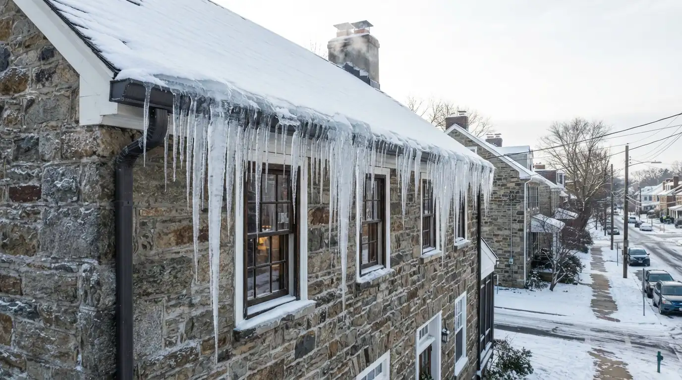 Icicles and ice-filled gutter on a stone twin home