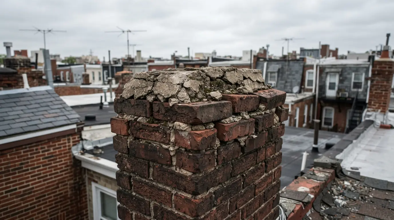 Cracked chimney crown with loose top bricks