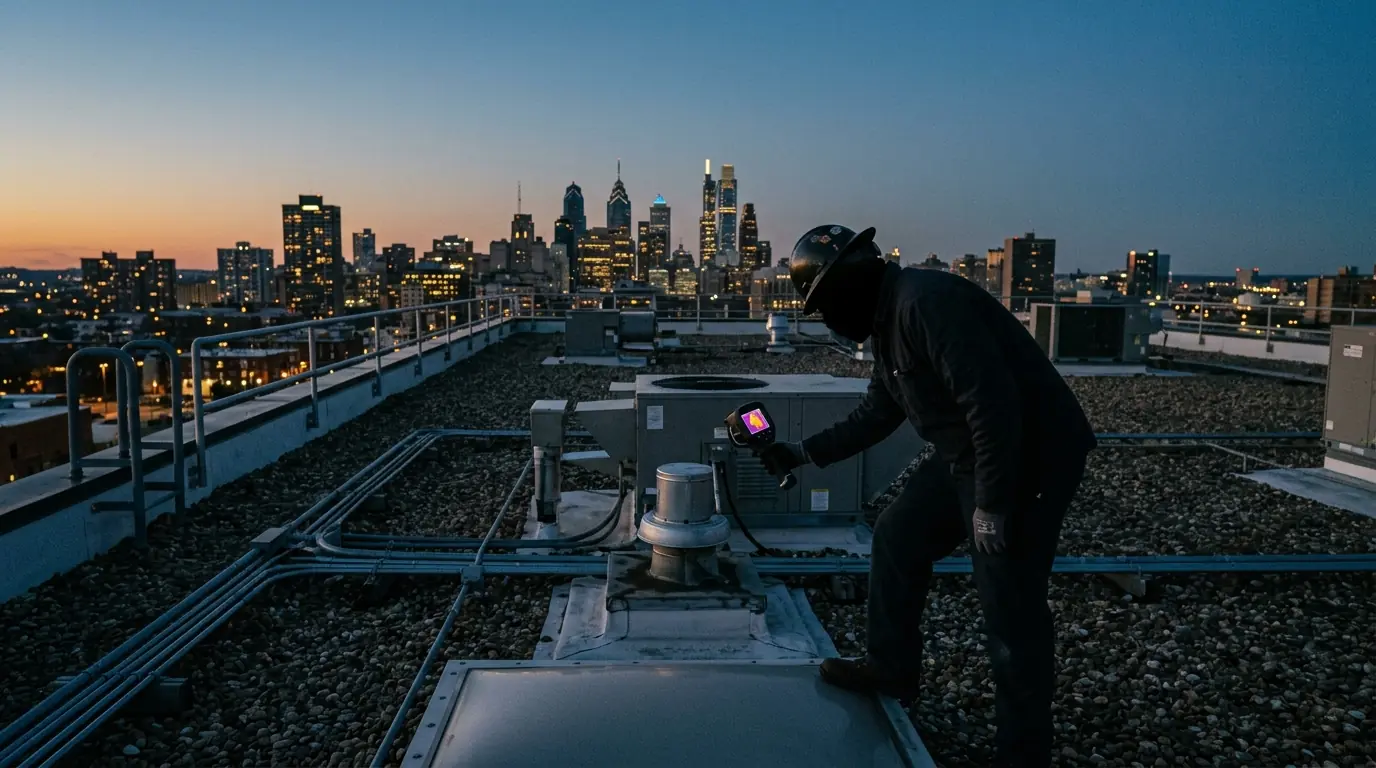 Inspector scanning a flat commercial roof with a thermal camera at dusk