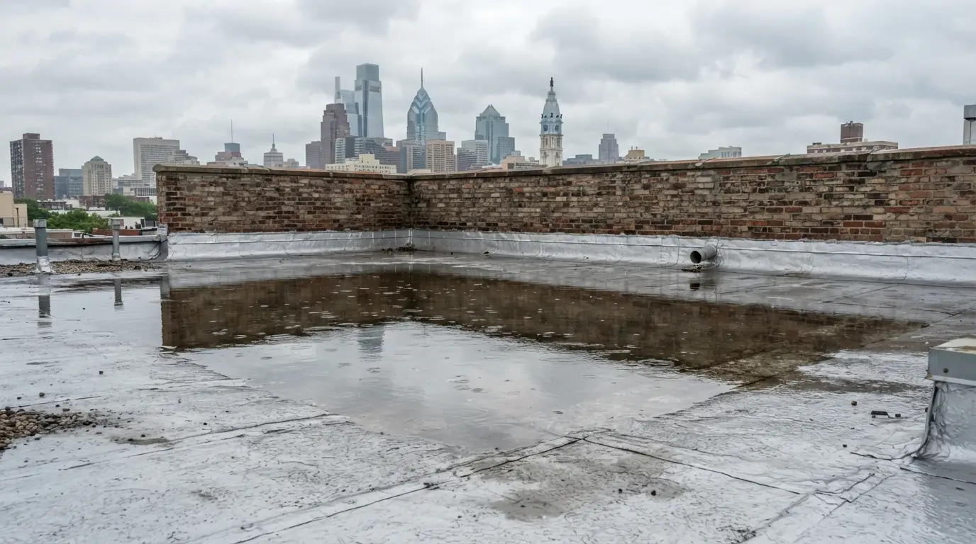 Standing water ponding on a coated flat roof behind a brick parapet