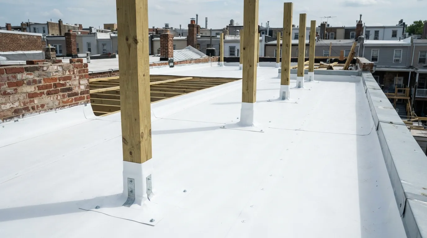 Roof deck posts flashed through a new membrane