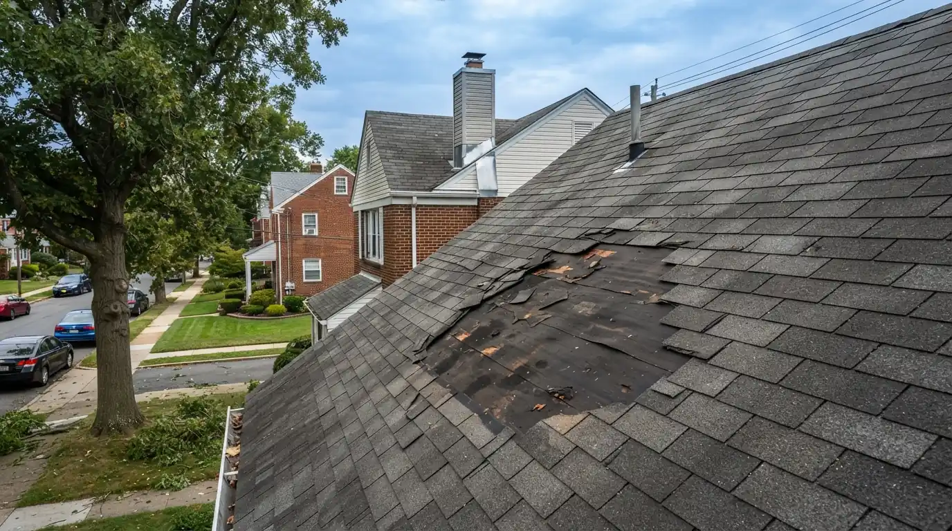 Missing shingles exposing underlayment on a roof after a windstorm
