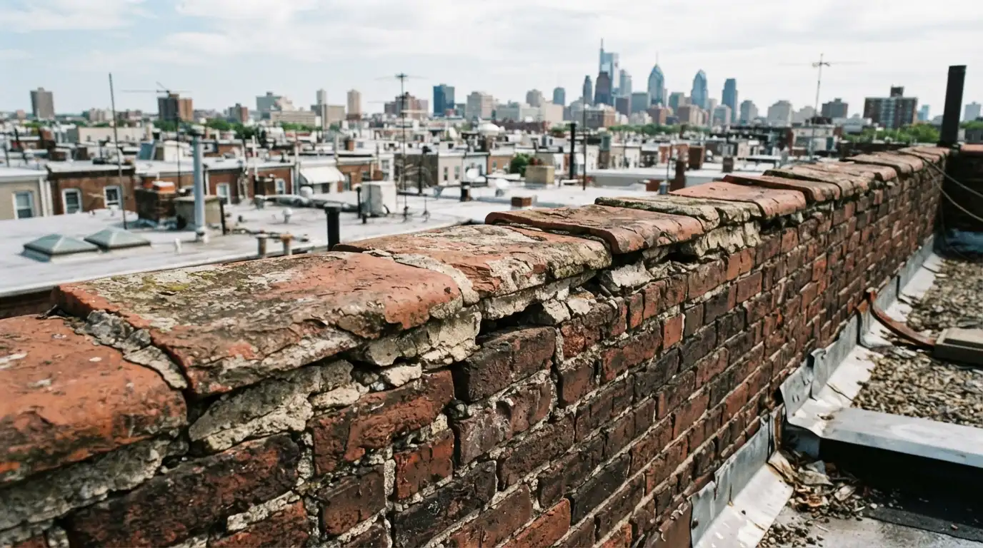 Open mortar joints between old coping stones on a rowhome parapet