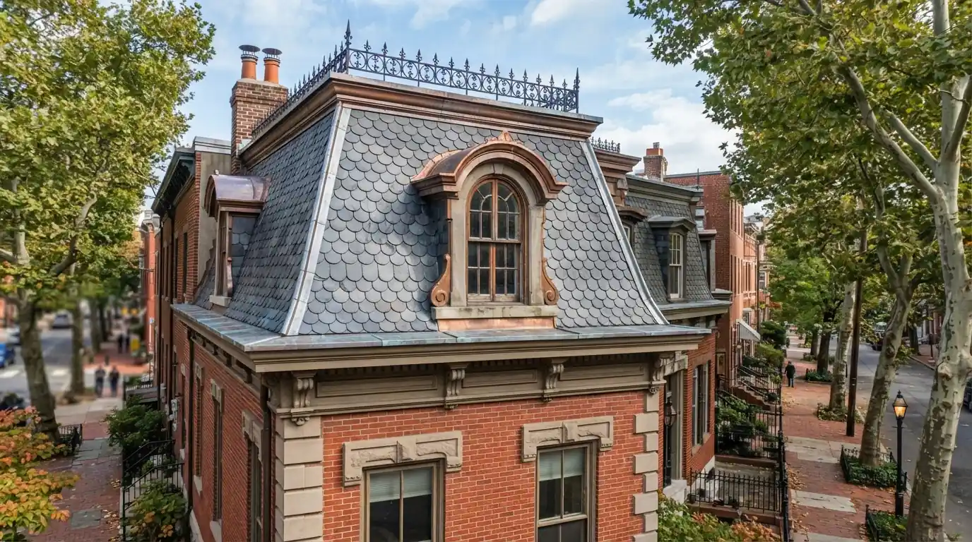 Fish-scale slate mansard with an arched dormer on a Philadelphia rowhouse