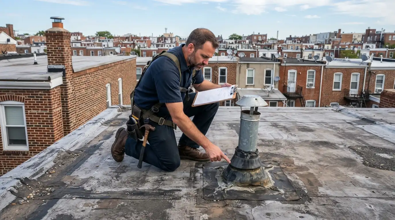 Roofer checking flashing during a pre-sale roof inspection