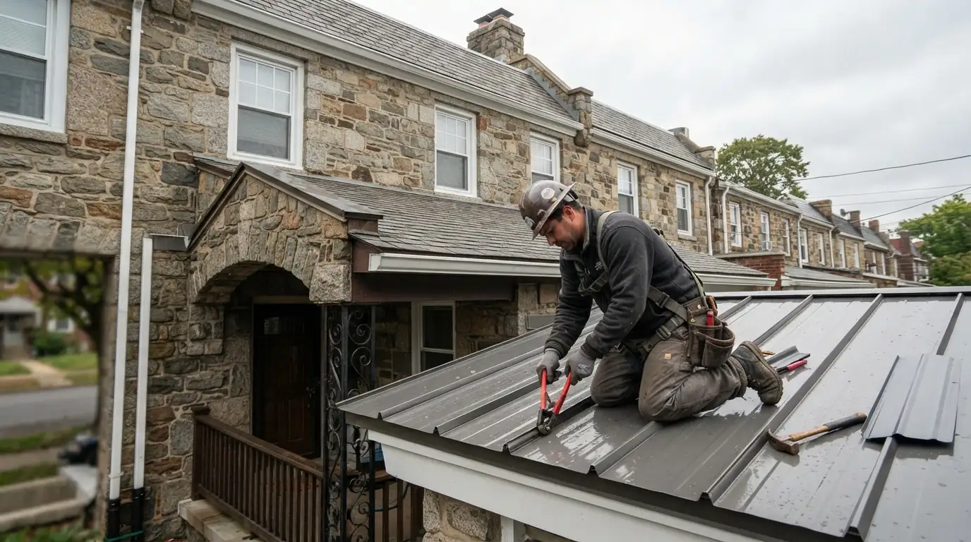 Roofer seaming a standing seam panel on a porch roof