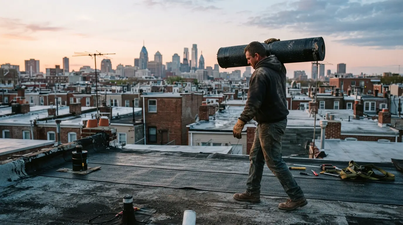 Roofer carrying membrane across a Philadelphia rowhome roof