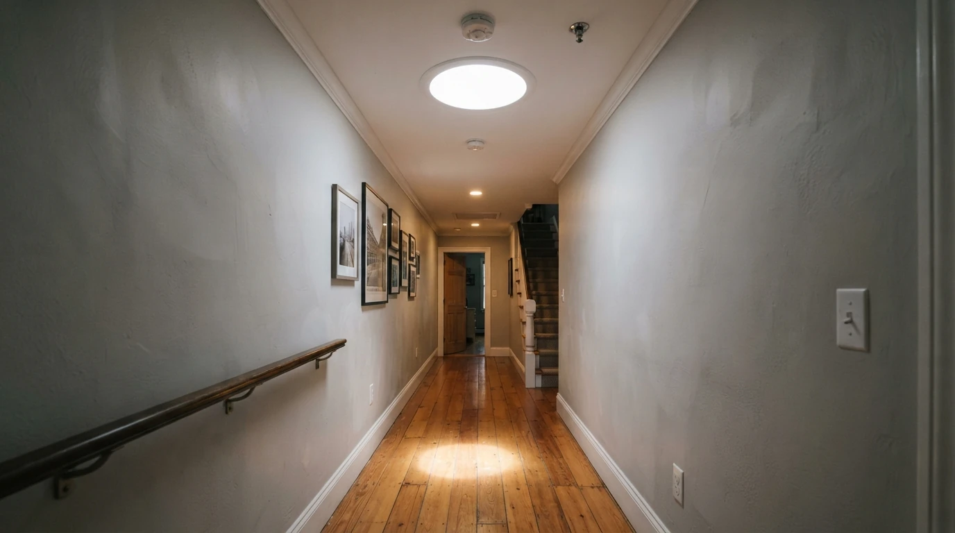 Sun tunnel diffuser lighting a windowless hallway