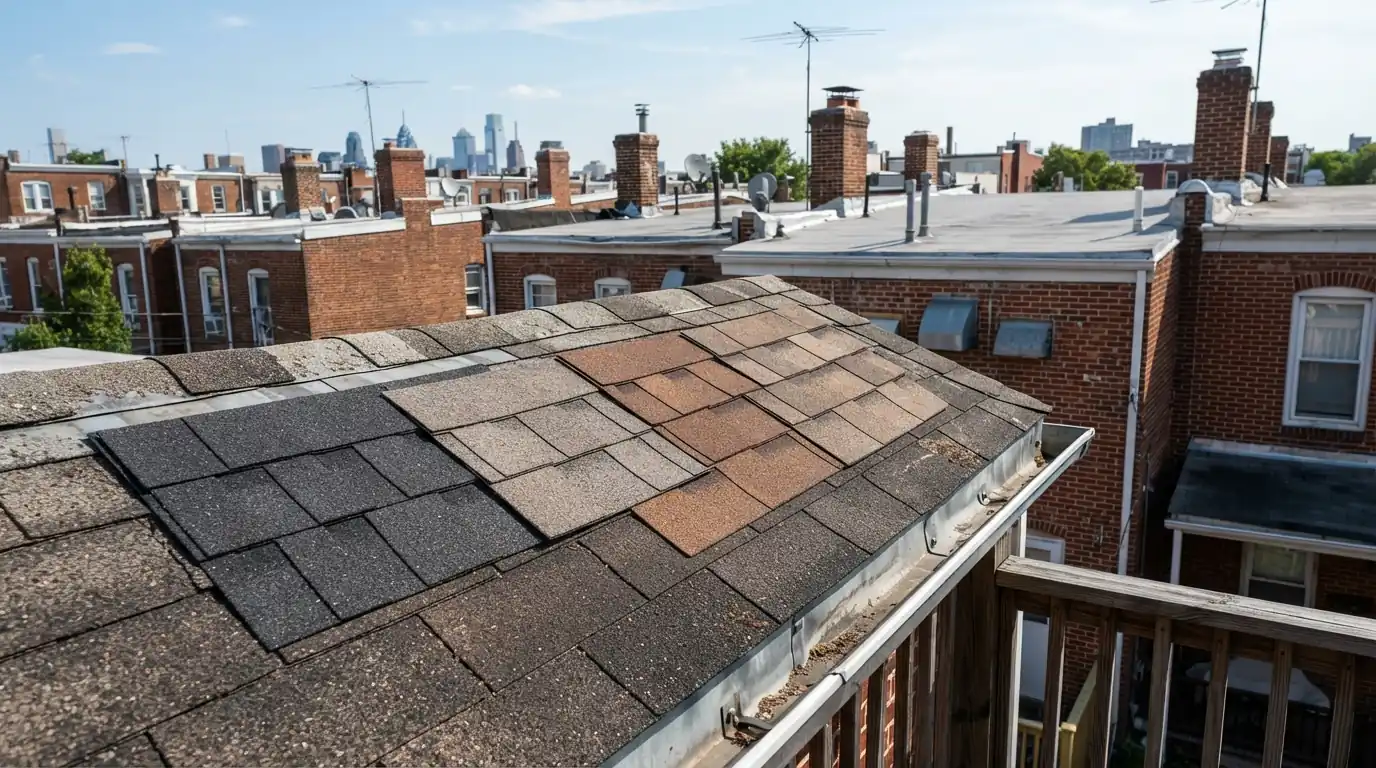 Shingle samples staged on a Philadelphia porch roof