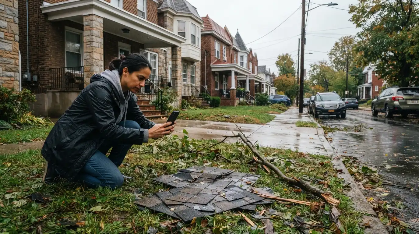 Homeowner photographing storm debris outside a twin home
