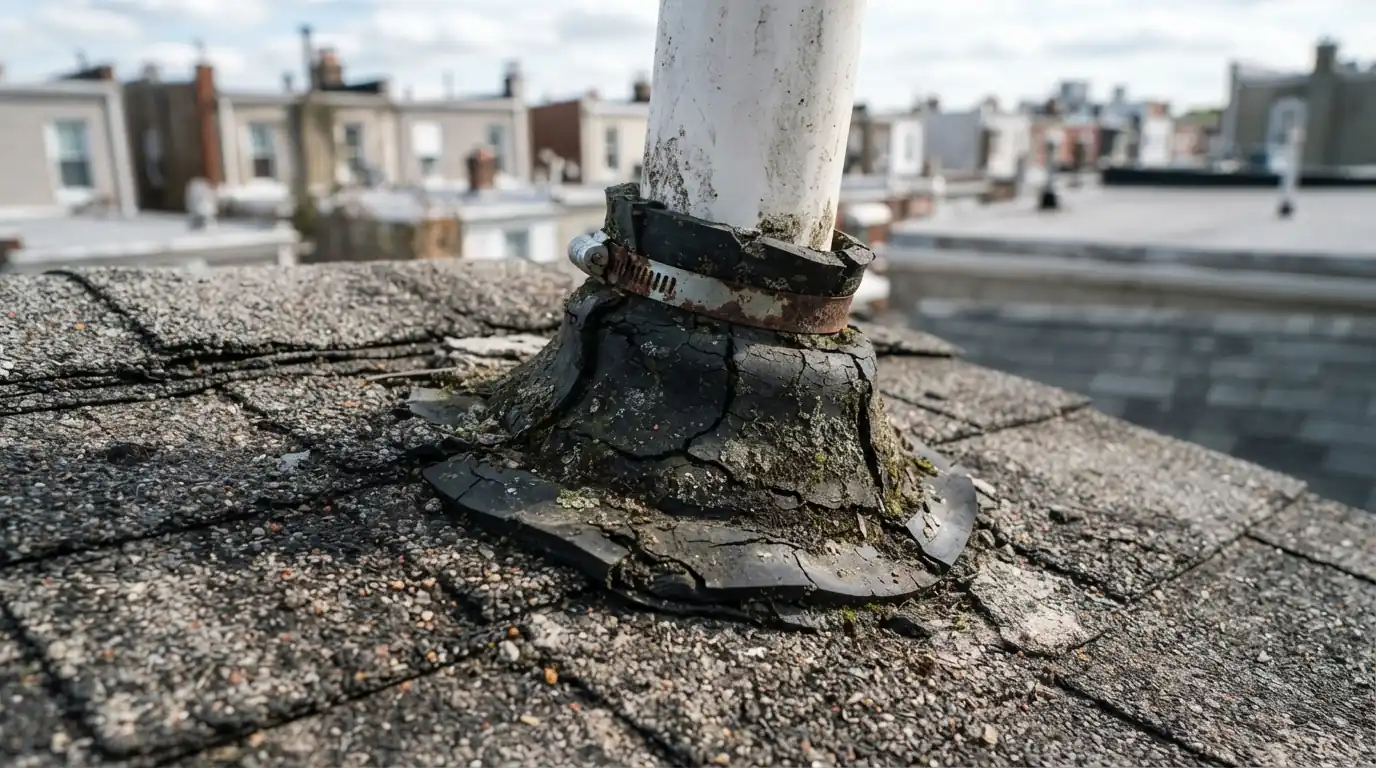 Cracked rubber pipe boot around a plumbing vent on a shingle roof