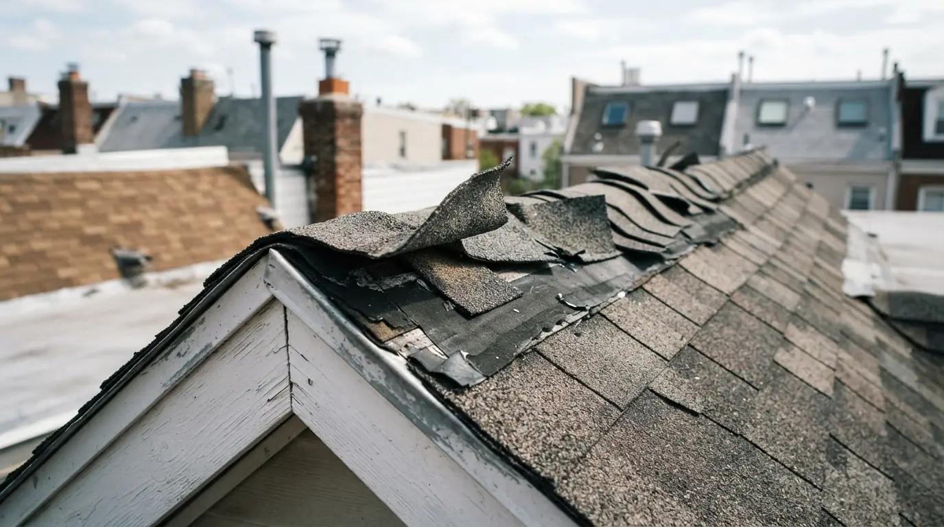 Wind-creased shingle tabs along a roof rake