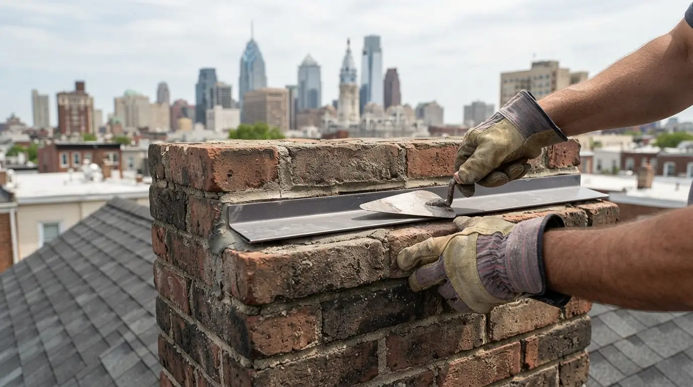 Counterflashing being set into a ground-out mortar joint on a chimney