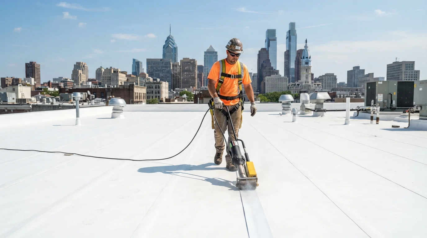 Hot-air welder running along a TPO seam on a flat roof