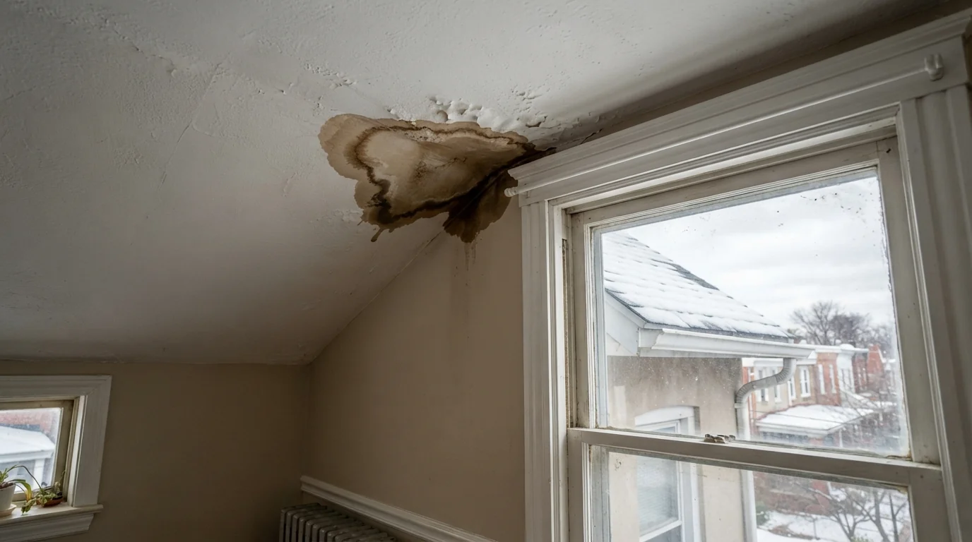 Ceiling stain along an exterior wall below an ice dam