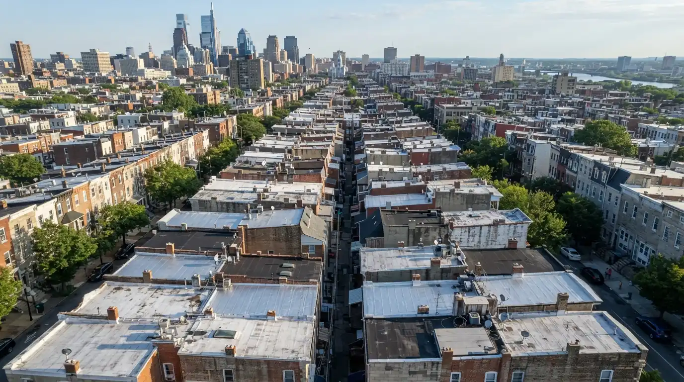 Mix of flat and pitched roofs across a Philadelphia rowhome block