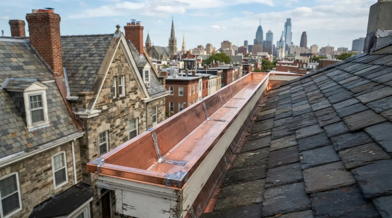Newly relined copper box gutter on a historic house