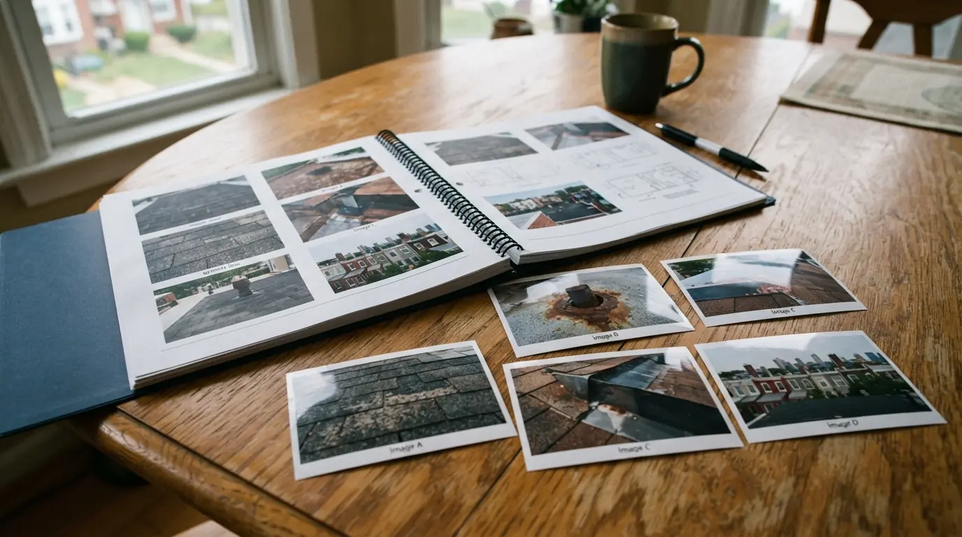 Printed roof damage report with photos and a roof diagram