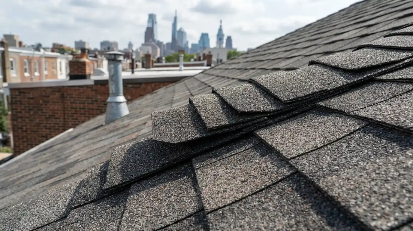 Layered shadow lines of architectural shingles on a finished roof
