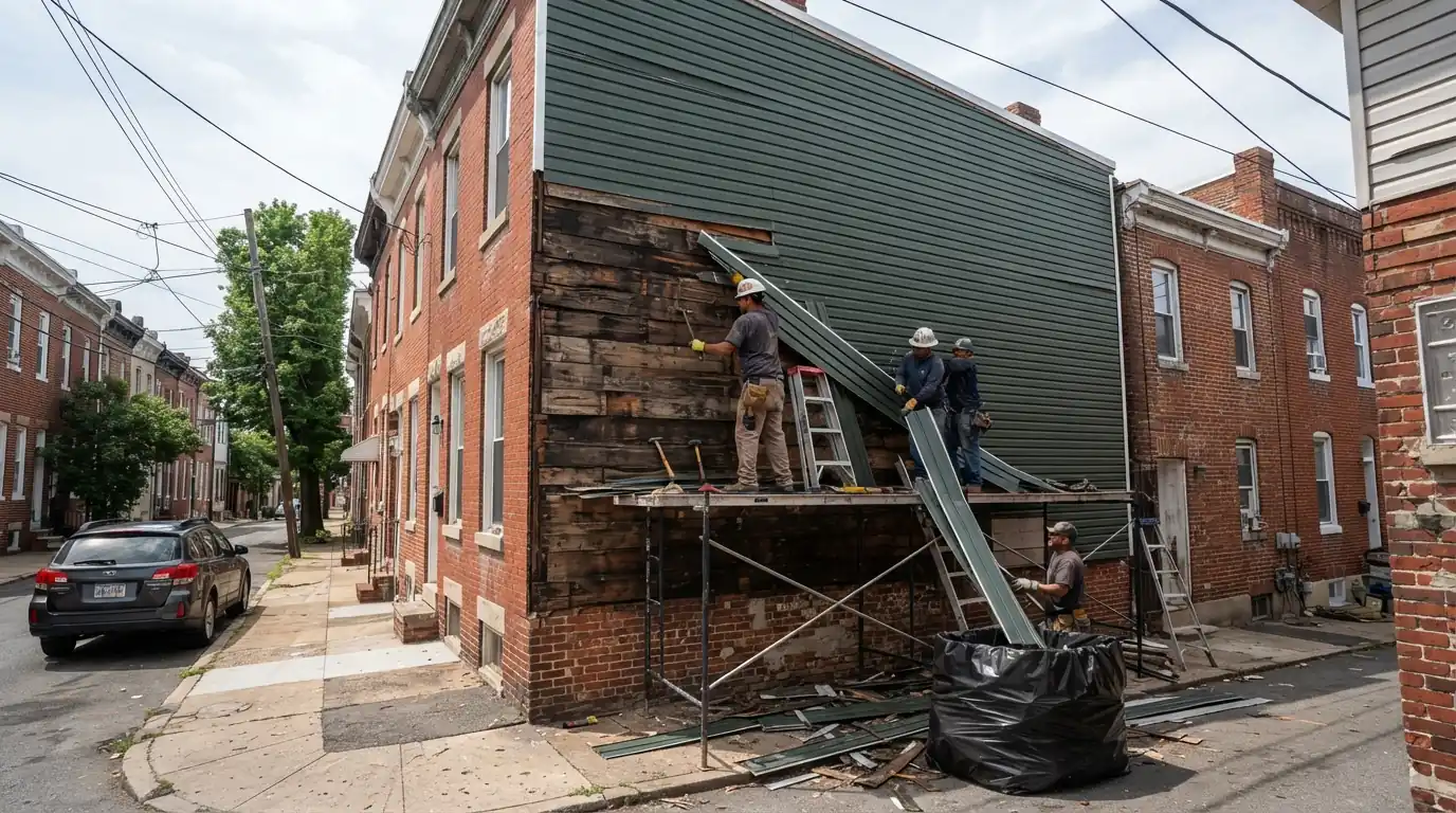 Old aluminum siding coming off a twin home wall