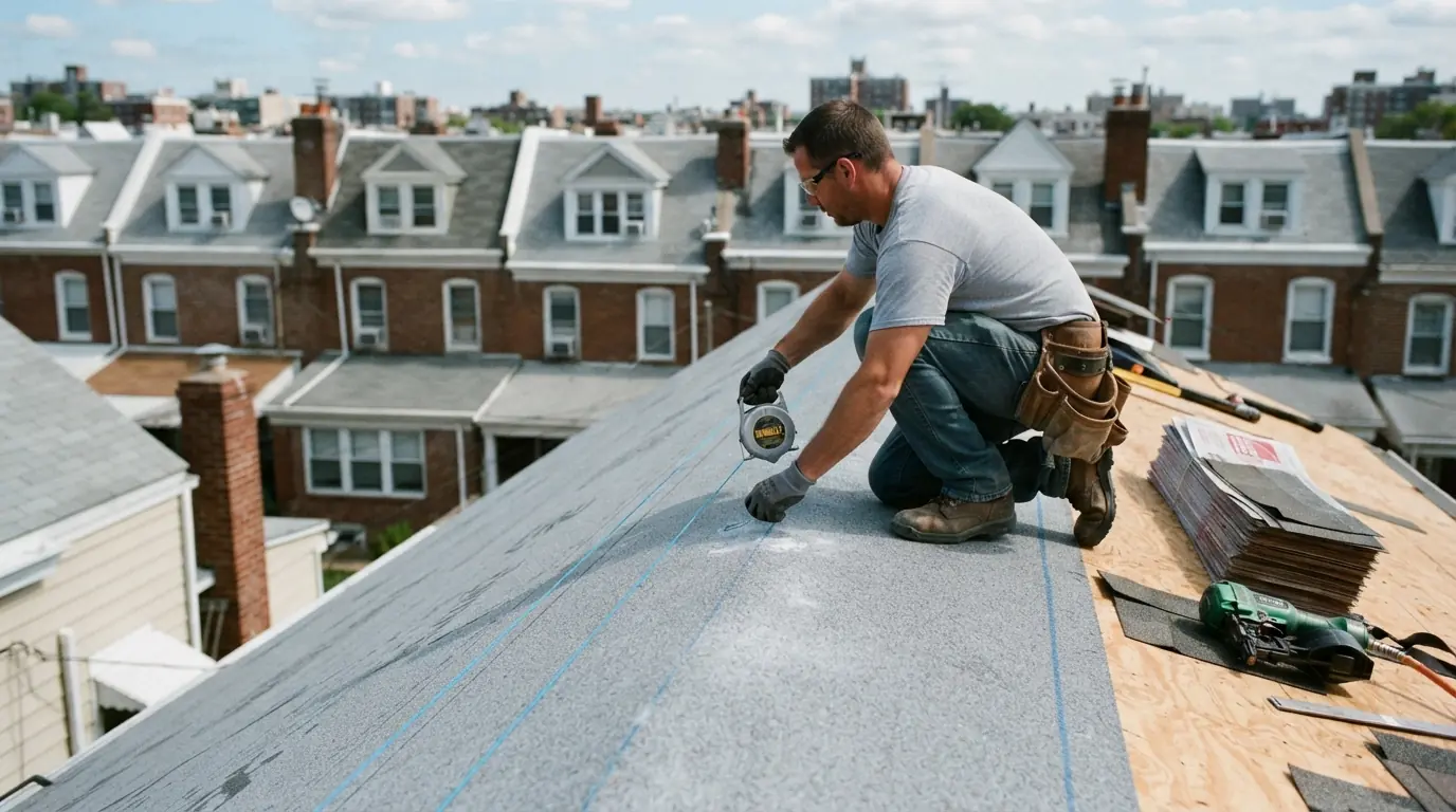 Roofer snapping chalk lines on underlayment before shingling