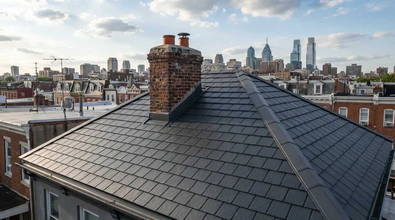 Slate-look metal shingles on a pitched roof with a brick chimney