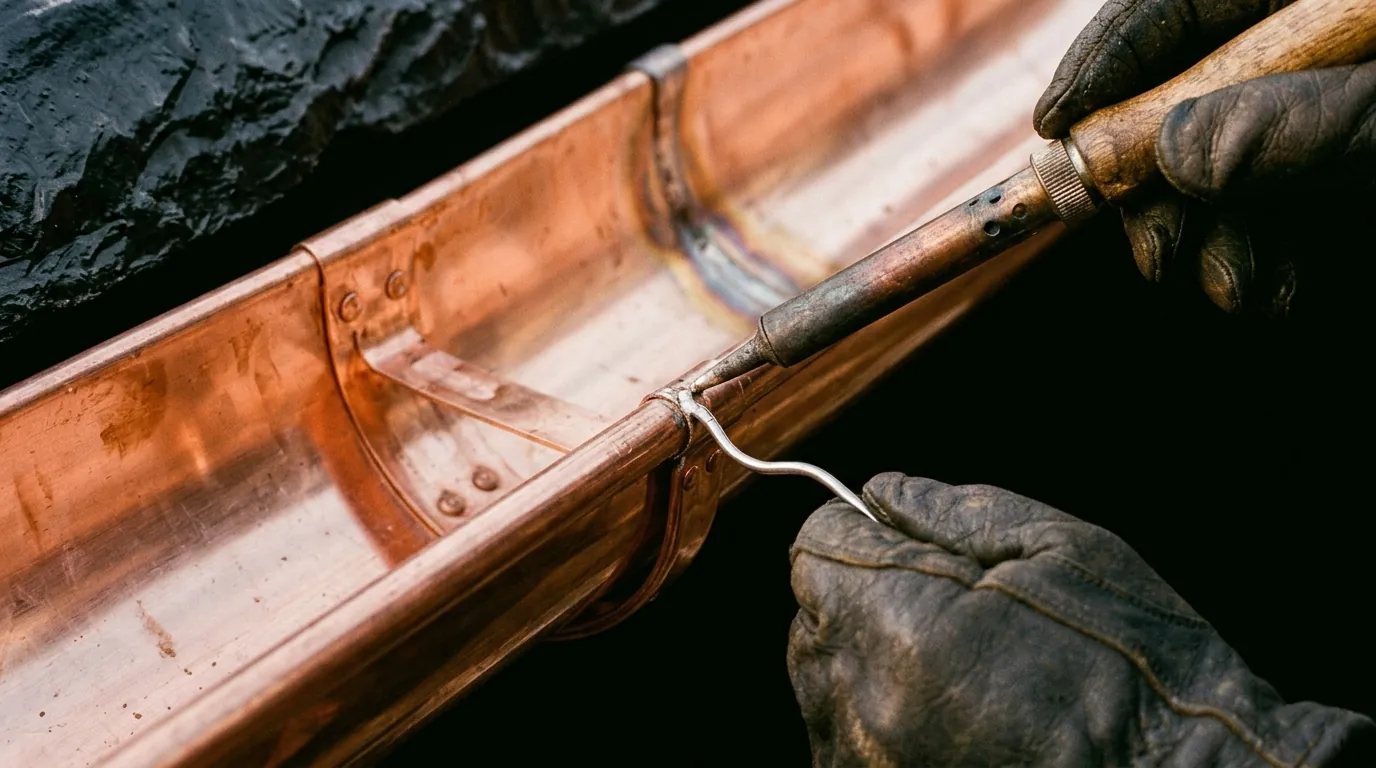 Seam being soldered on a new copper half-round gutter
