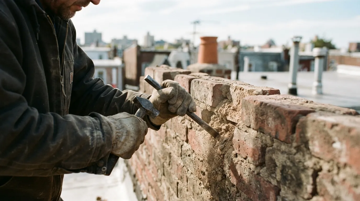 Mason raking out old mortar joints by hand