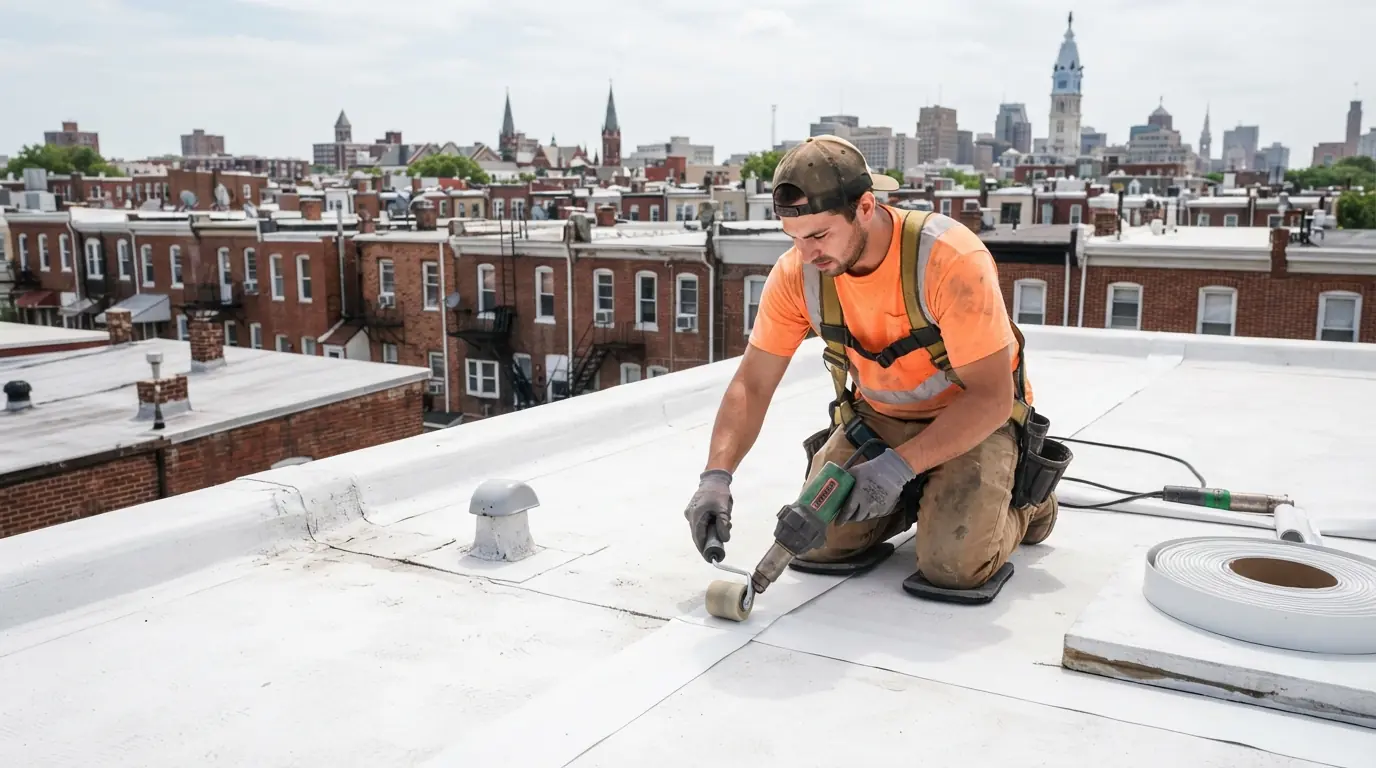 Roofer welding a TPO lap seam on a Philadelphia flat roof