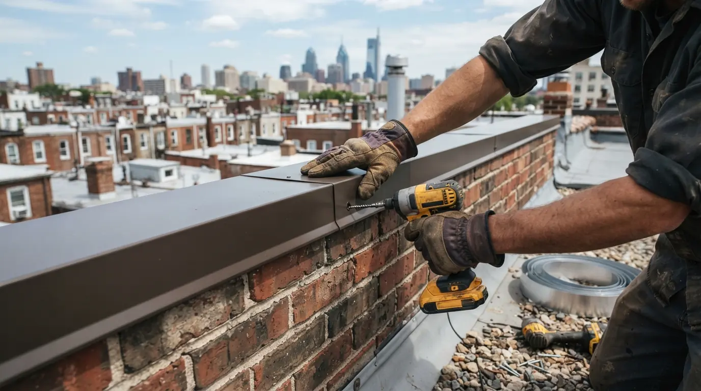 New aluminum coping cap fastened over a brick parapet