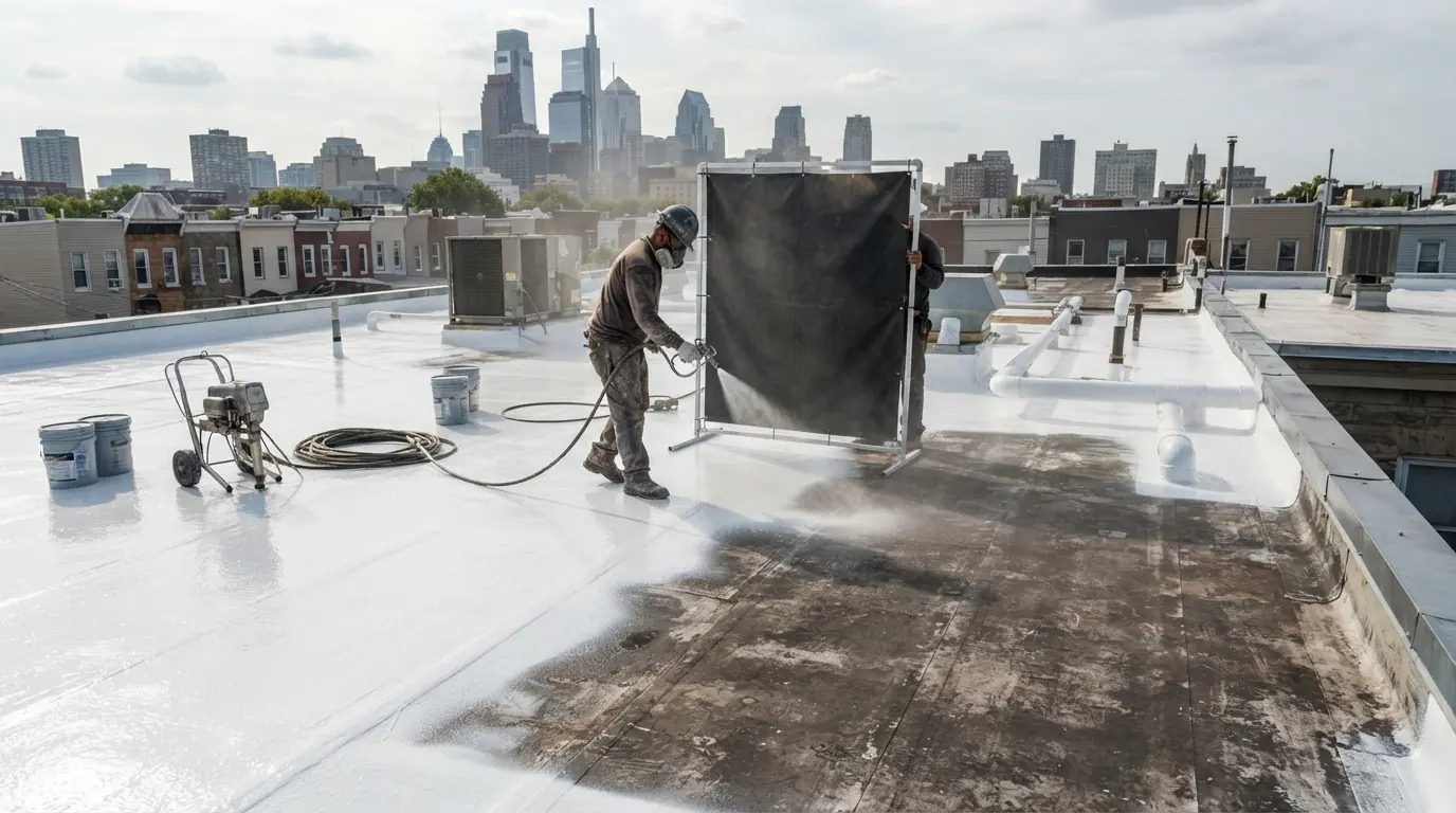 White silicone coating sprayed onto a flat roof