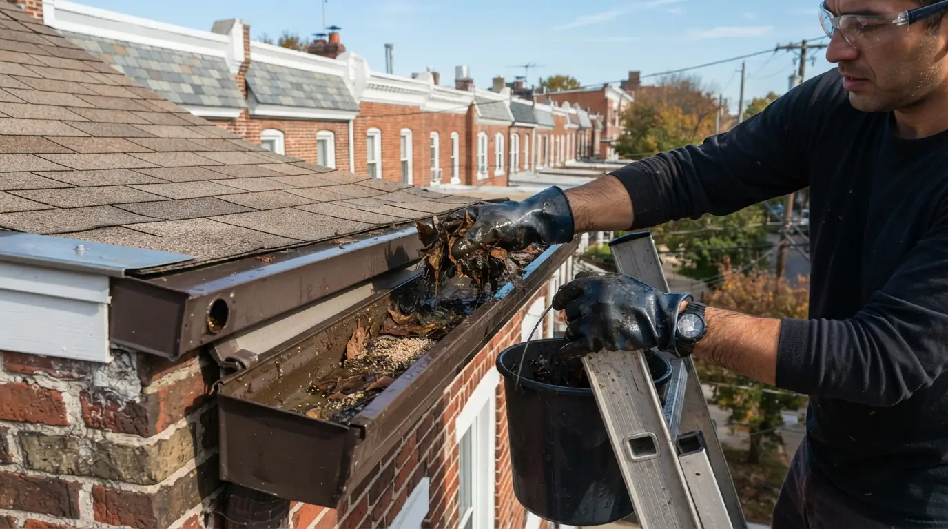 Wet leaves being scooped out of a K-style gutter